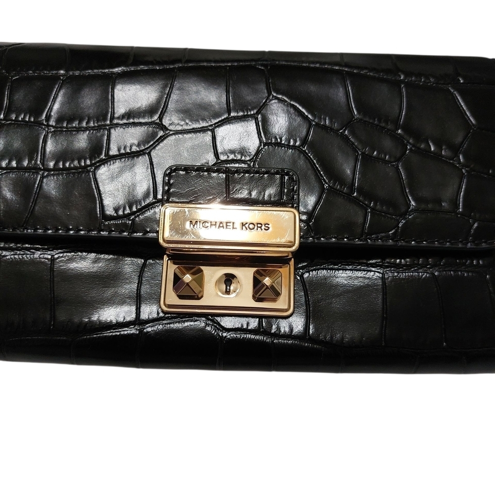 Michael Kors Tribeca Black Croc-Embossed Wristlet with Gold Accents - Picture 4 of 6